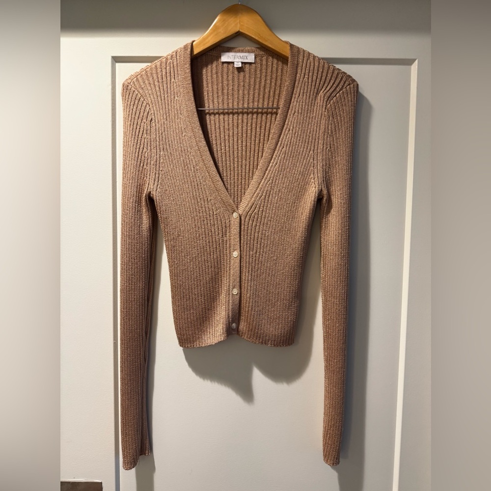 INTERMIX Gold Ribbed V-Neck Sweater Size M